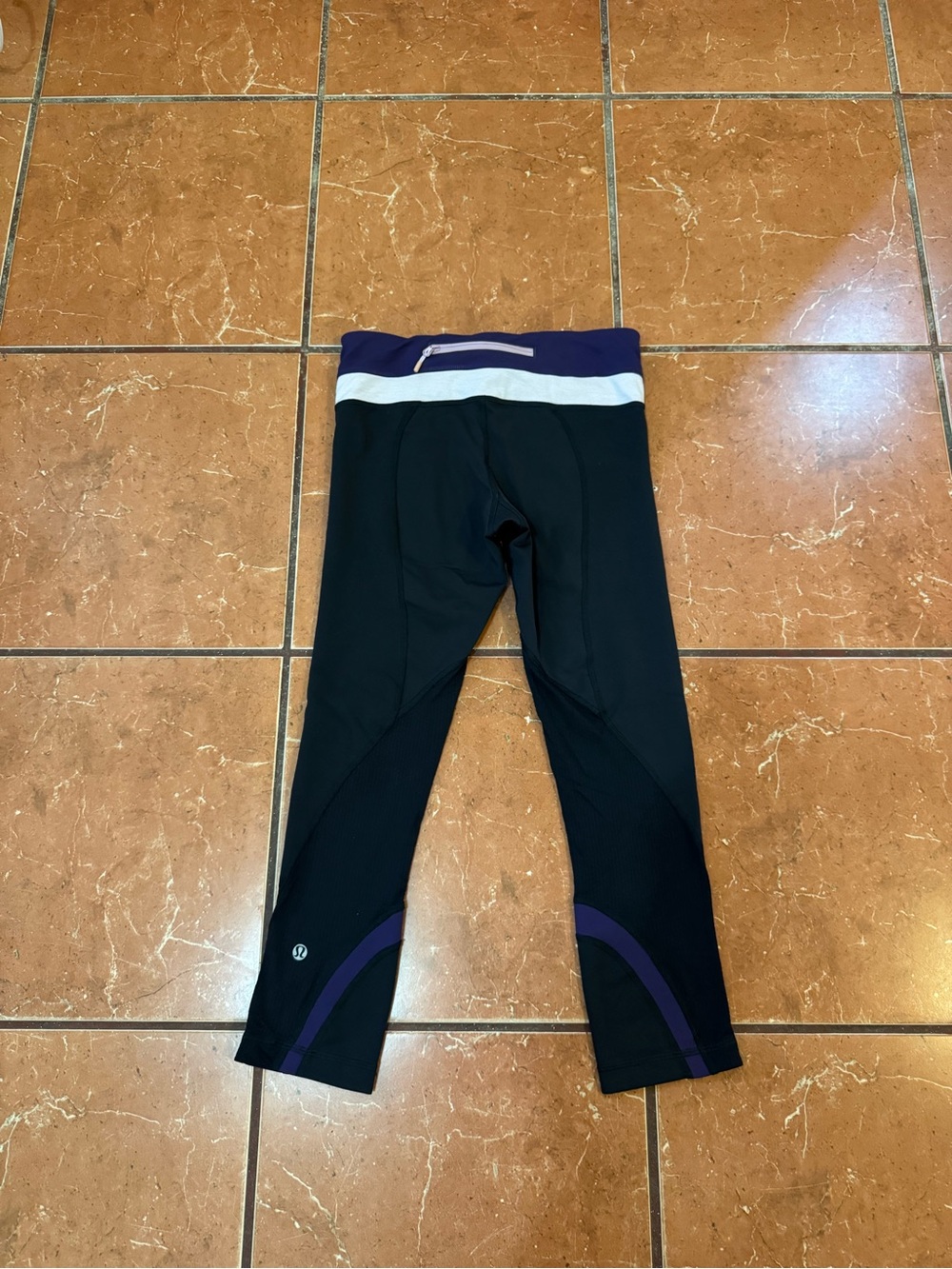 lululemon athletica Black Capri Leggings with Purple and White Waistband